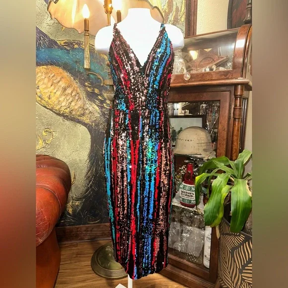 knee length dresses for ladies Plunging V-Neck Long Sleeve Sequin Bodycon Midi Dress GM01075